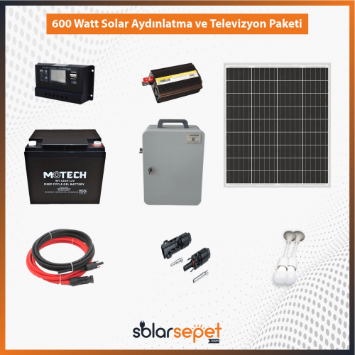 600 Watt Şarjlı (UPS) Solar Aydınlatma ve Televizyon Paketi